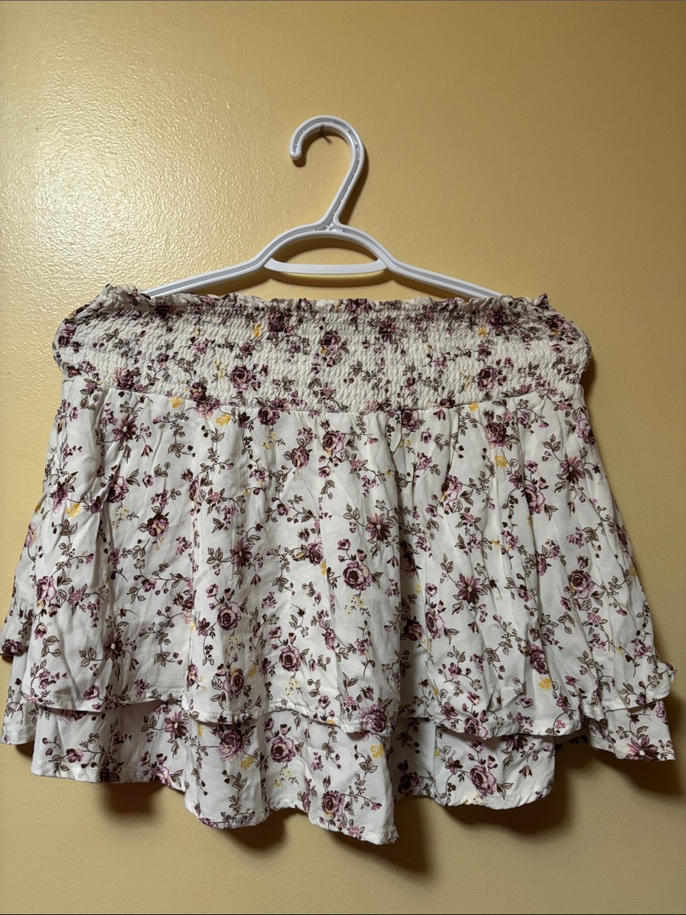 Floral Smocked Tiered Mini Skirt - White with Purple Floral - Picture 6 of 6